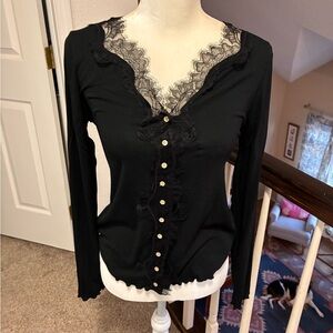 J. Crew Black Lace Trim Button-Up Women's Top